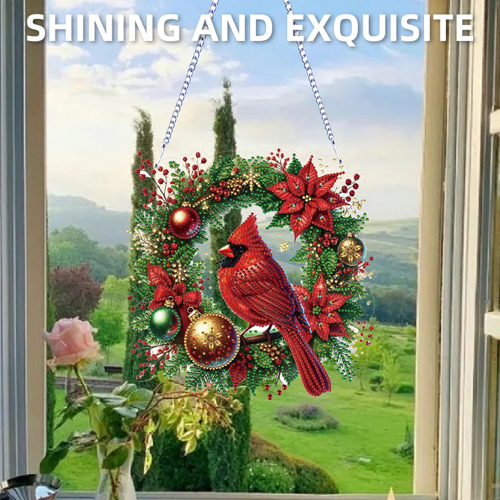 2D Flat DIY Hanging Diamond Art Kits Rhinestone Window Pendant (Cardinal Wreath)