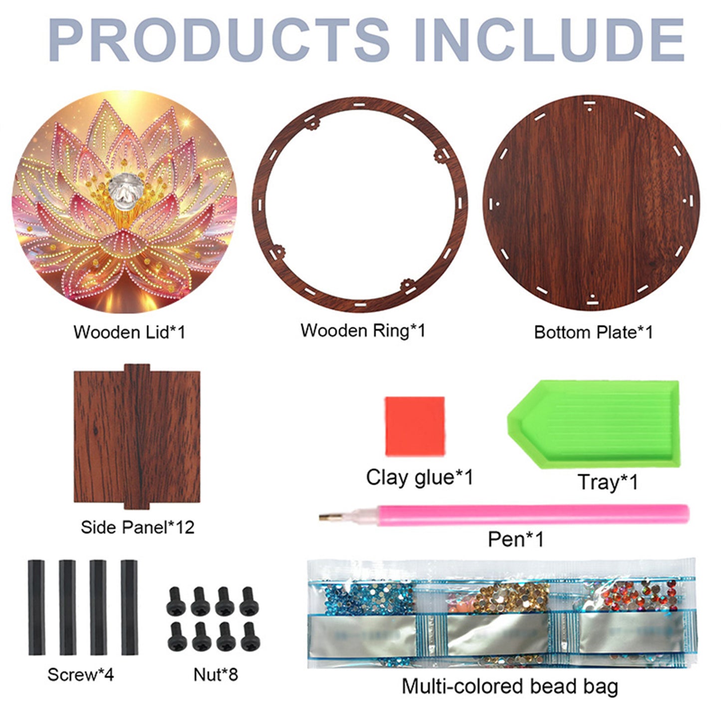 5D DIY Diamond Painting Handmade Wood Storage Box Crystal Storage Case (Lotus)