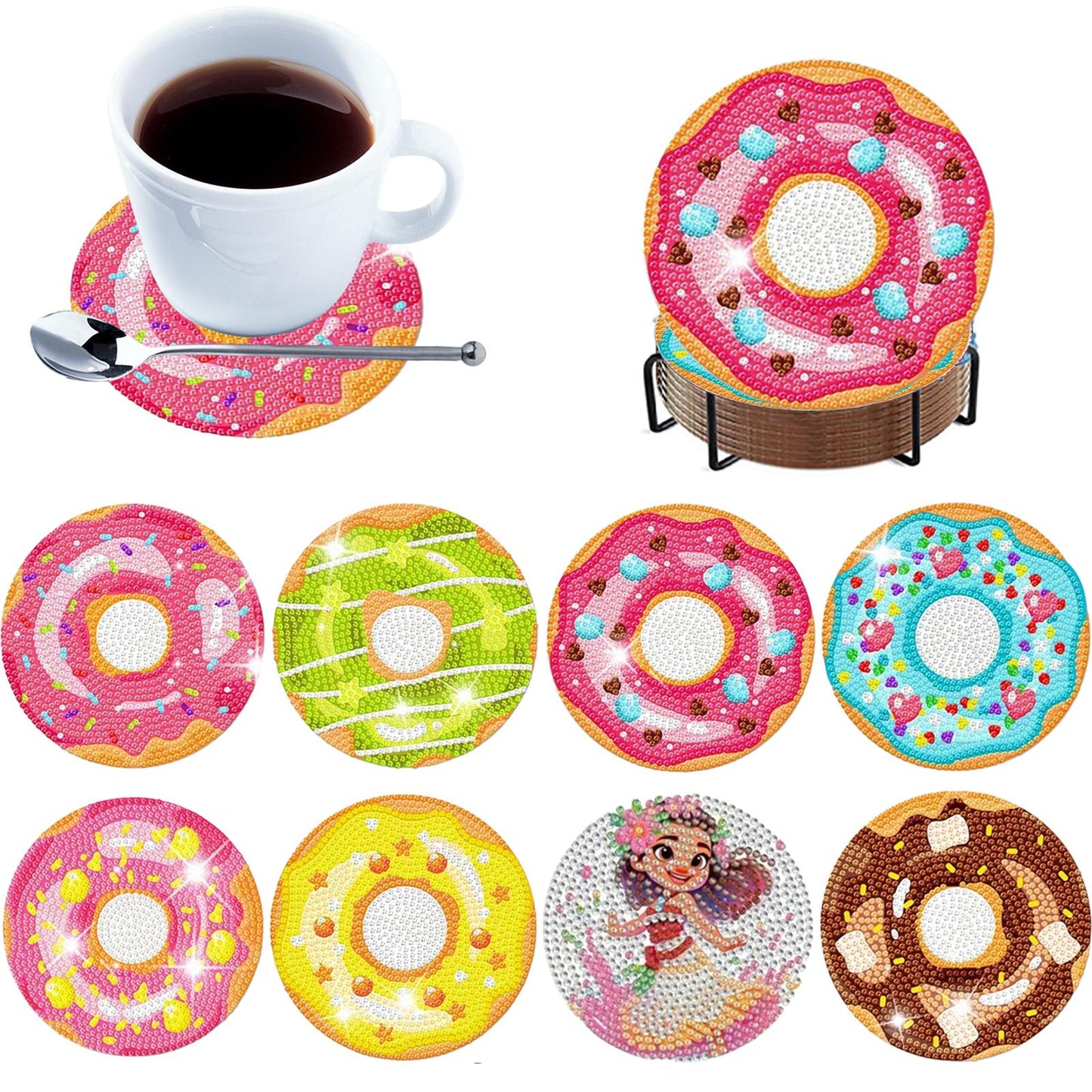 8pcs Cartoon DIY Diamond Painting Wooden Coasters Art Kits with Holder (Donut)