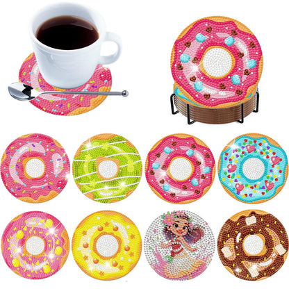 8pcs Cartoon DIY Diamond Painting Wooden Coasters Art Kits with Holder (Donut)