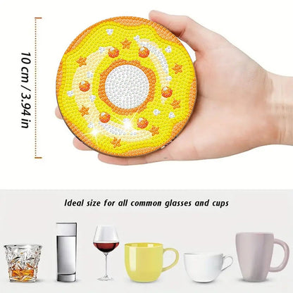 8pcs Cartoon DIY Diamond Painting Wooden Coasters Art Kits with Holder (Donut)