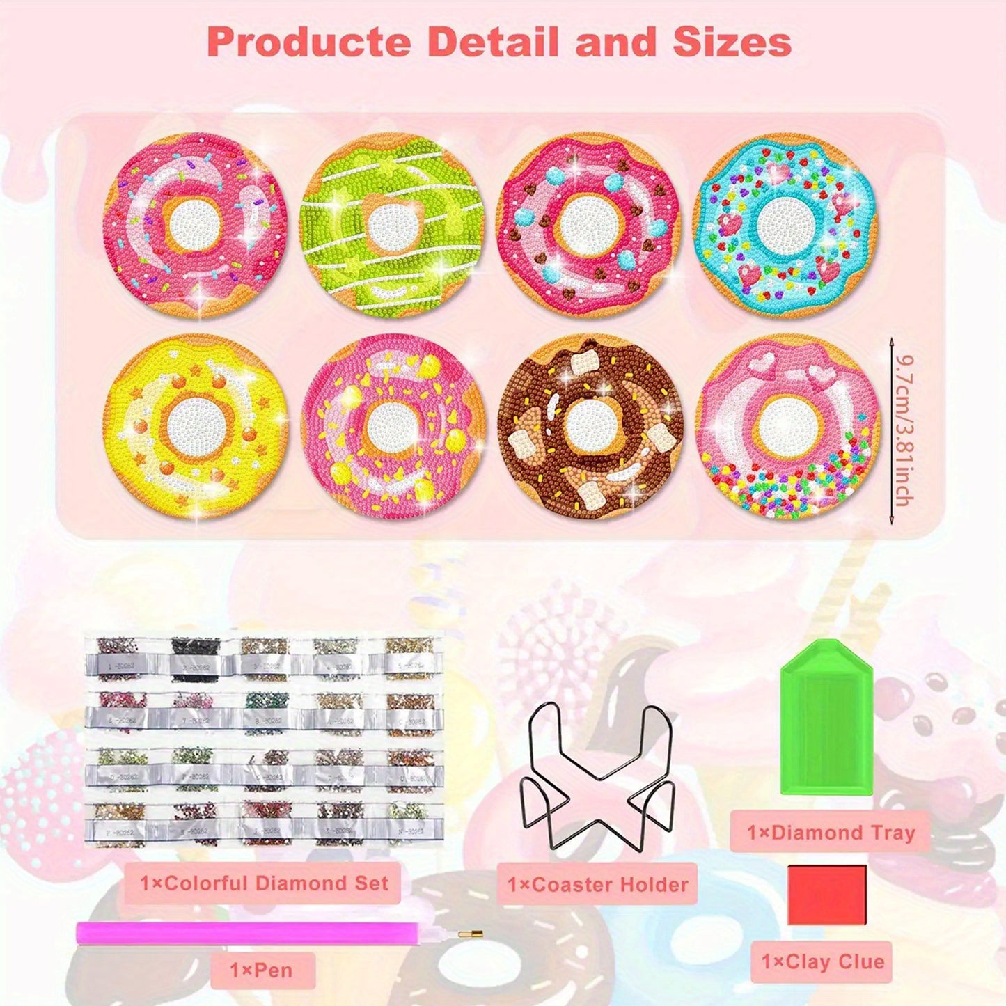 8pcs Cartoon DIY Diamond Painting Wooden Coasters Art Kits with Holder (Donut)