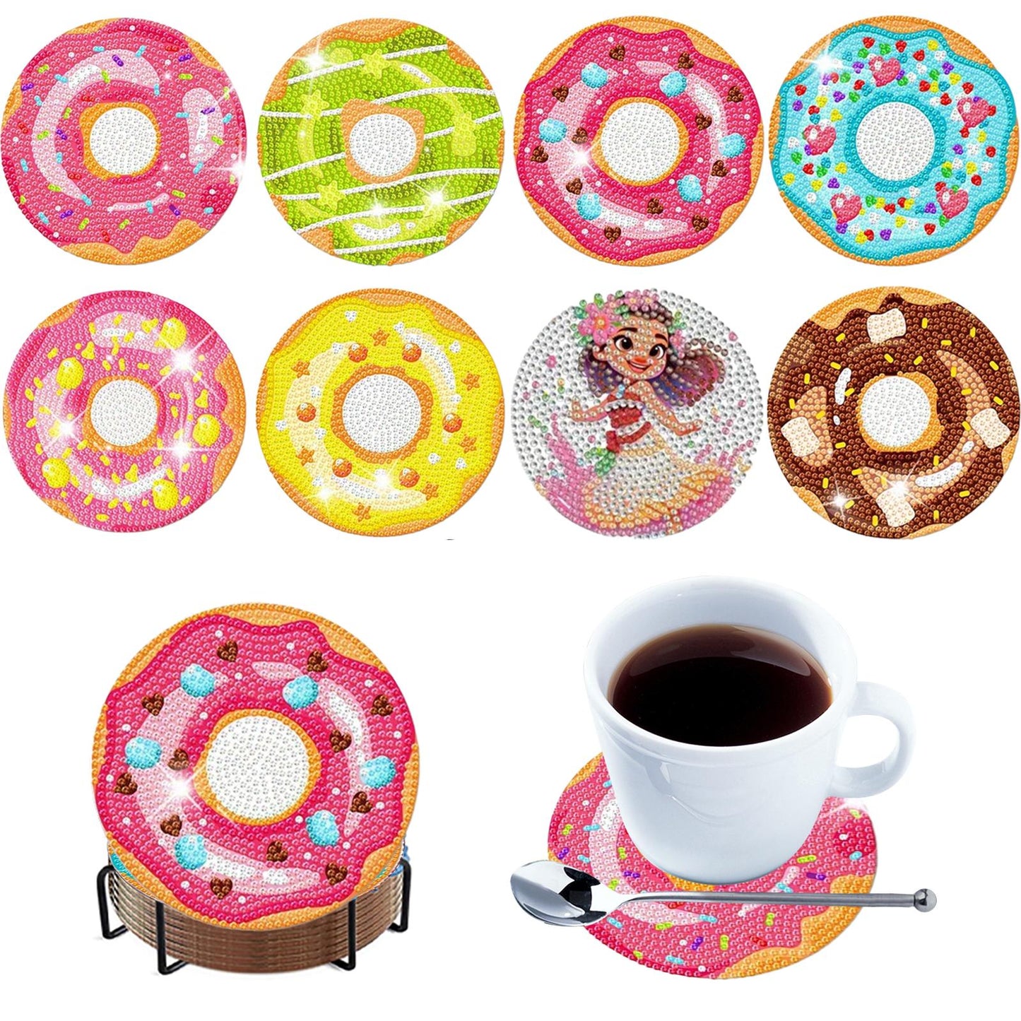 8pcs Cartoon DIY Diamond Painting Wooden Coasters Art Kits with Holder (Donut)