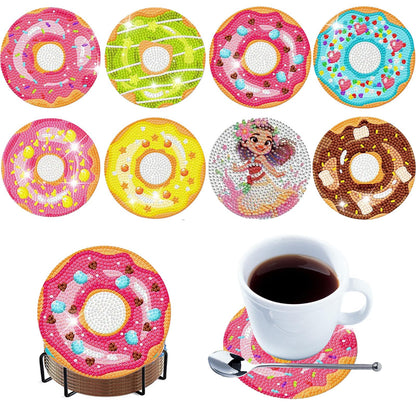8pcs Cartoon DIY Diamond Painting Wooden Coasters Art Kits with Holder (Donut)