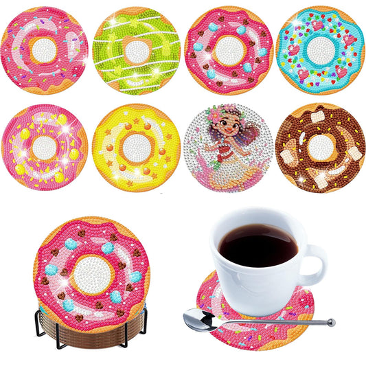8pcs Cartoon DIY Diamond Painting Wooden Coasters Art Kits with Holder (Donut)