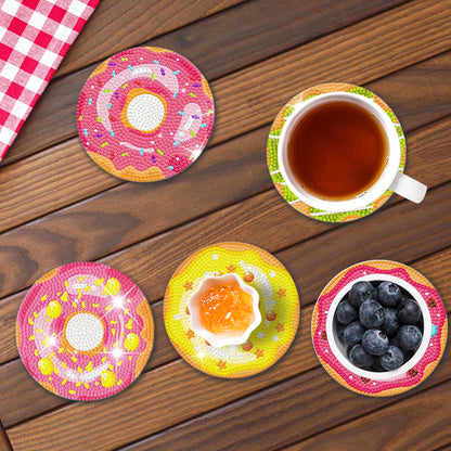 8pcs Cartoon DIY Diamond Painting Wooden Coasters Art Kits with Holder (Donut)