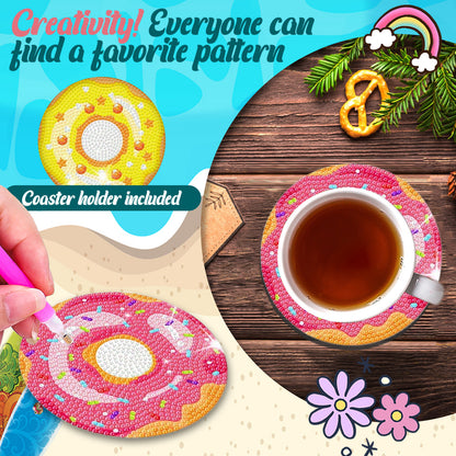 8pcs Cartoon DIY Diamond Painting Wooden Coasters Art Kits with Holder (Donut)