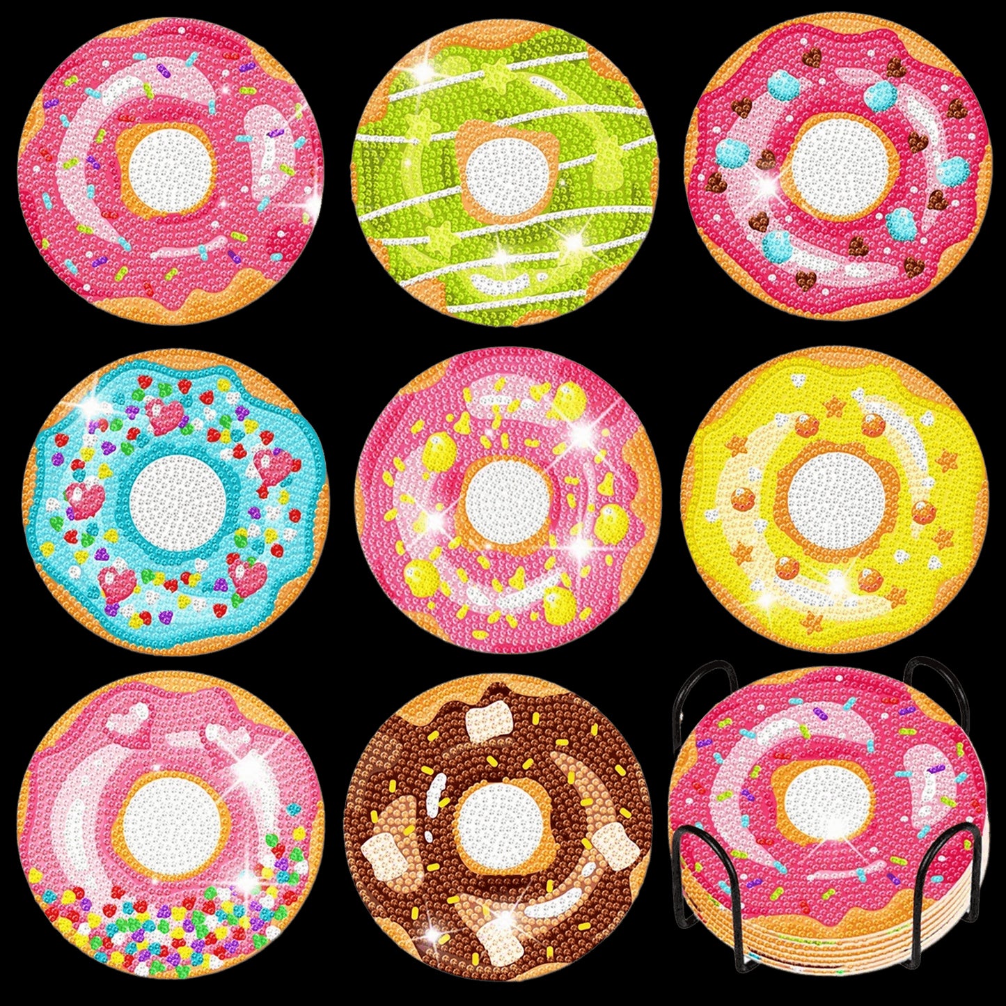 8pcs Cartoon DIY Diamond Painting Wooden Coasters Art Kits with Holder (Donut)