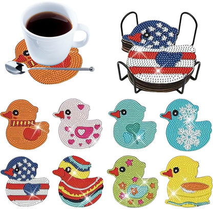 8pcs Cartoon DIY Diamond Painting Wooden Coasters Art Kits with Holder (Duck)