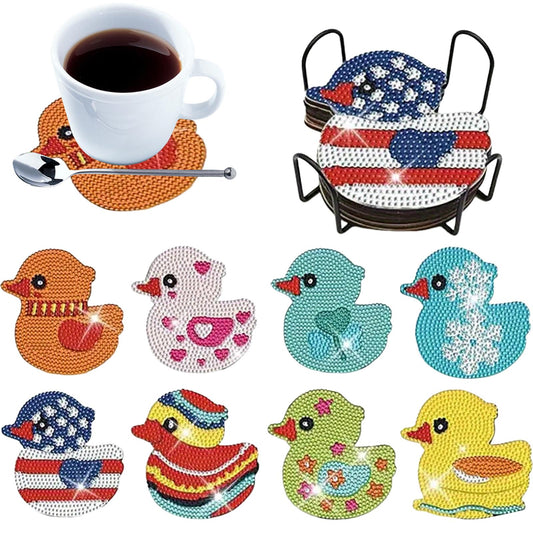 8pcs Cartoon DIY Diamond Painting Wooden Coasters Art Kits with Holder (Duck)