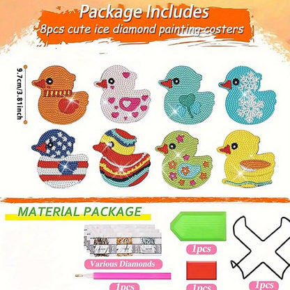 8pcs Cartoon DIY Diamond Painting Wooden Coasters Art Kits with Holder (Duck)