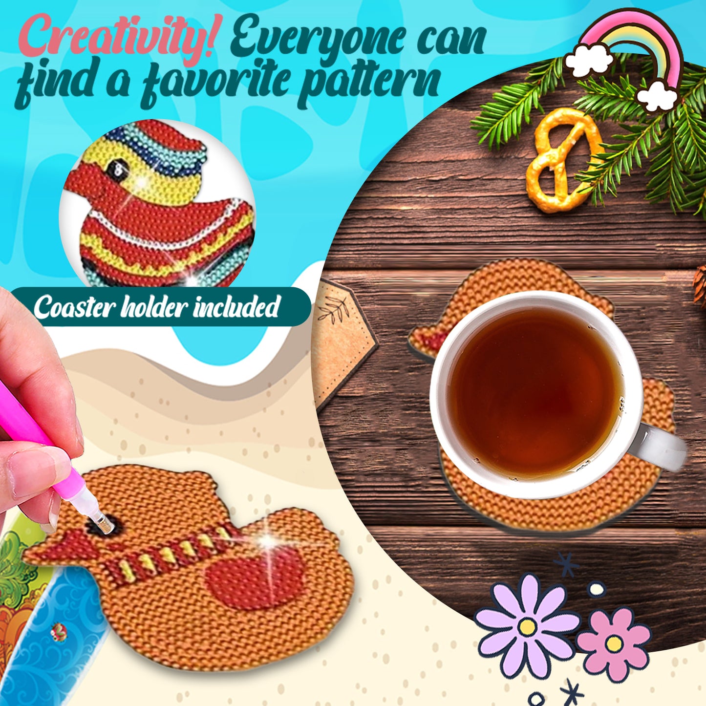 8pcs Cartoon DIY Diamond Painting Wooden Coasters Art Kits with Holder (Duck)