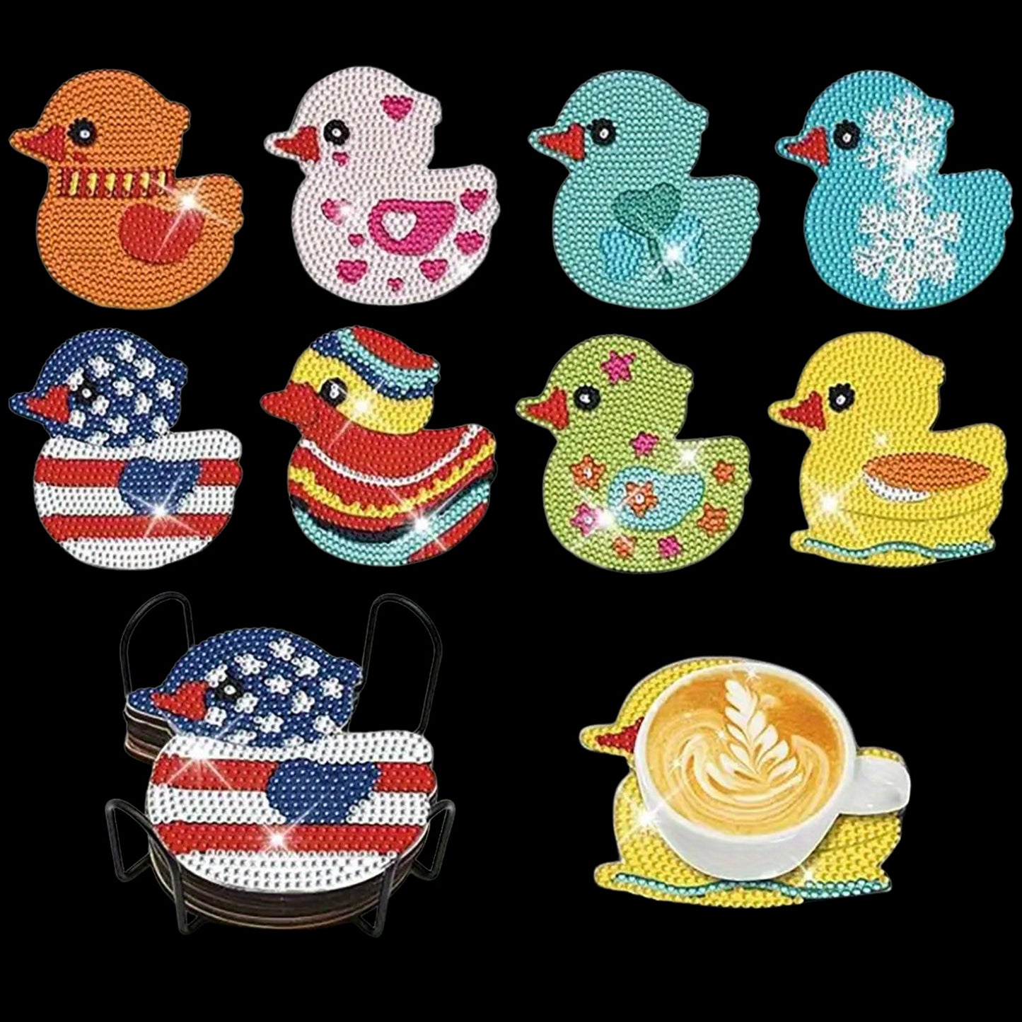 8pcs Cartoon DIY Diamond Painting Wooden Coasters Art Kits with Holder (Duck)
