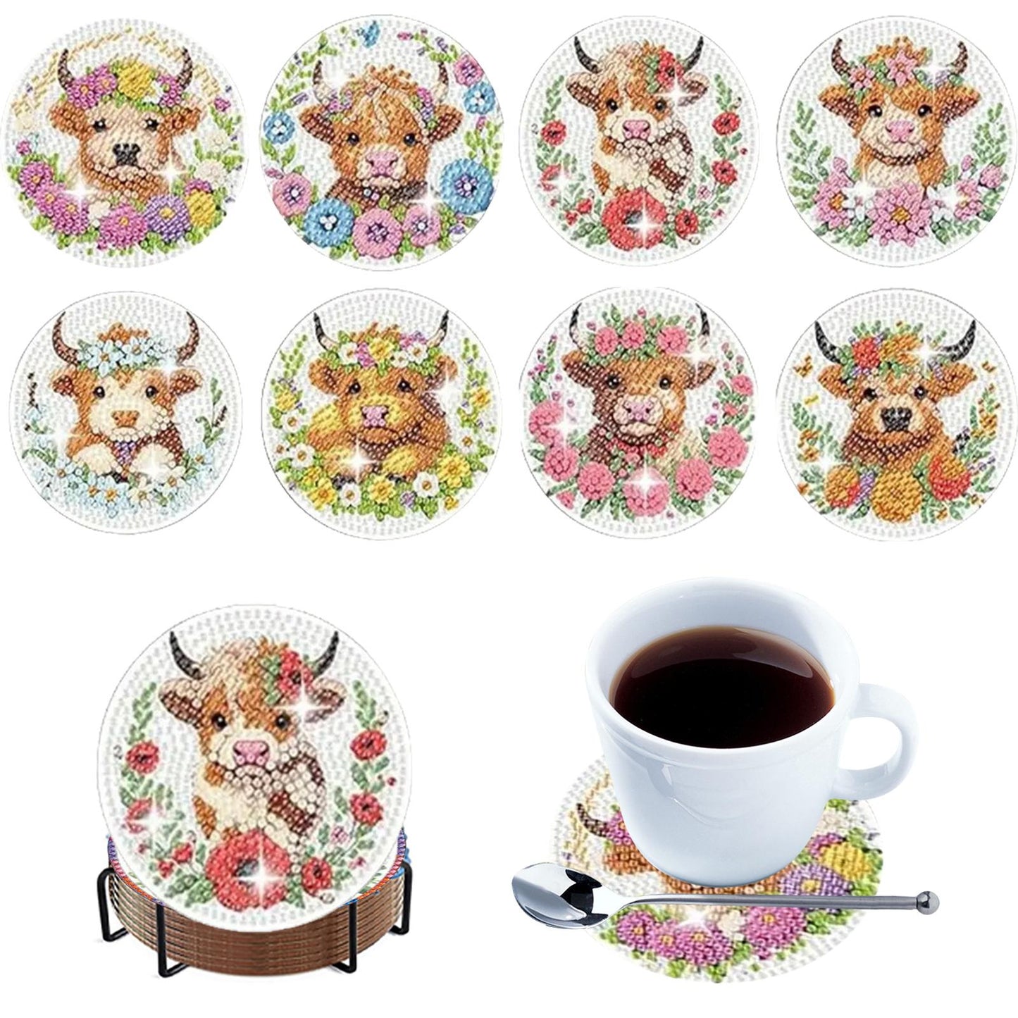 8pcs Cartoon DIY Diamond Painting Wooden Coasters Art Kits with Holder (Cow)