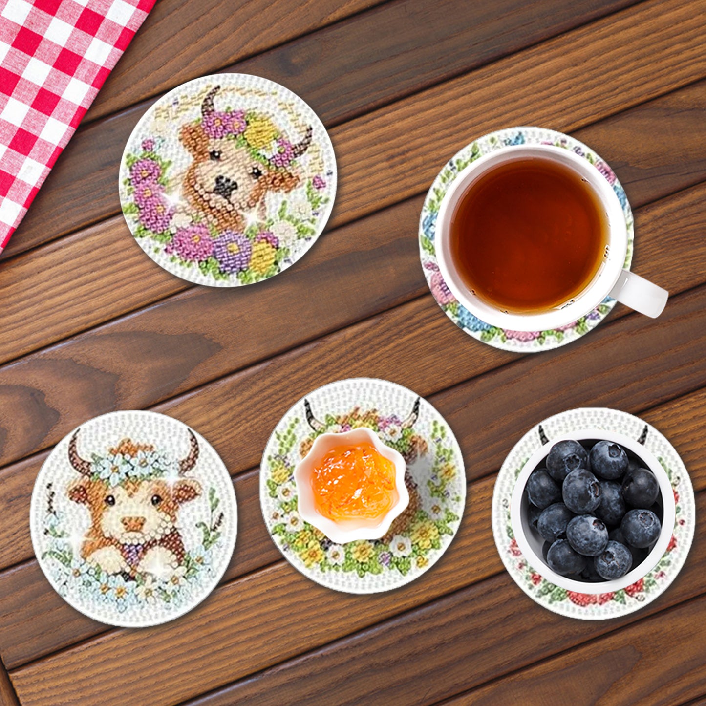 8pcs Cartoon DIY Diamond Painting Wooden Coasters Art Kits with Holder (Cow)