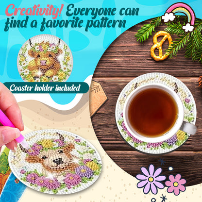 8pcs Cartoon DIY Diamond Painting Wooden Coasters Art Kits with Holder (Cow)