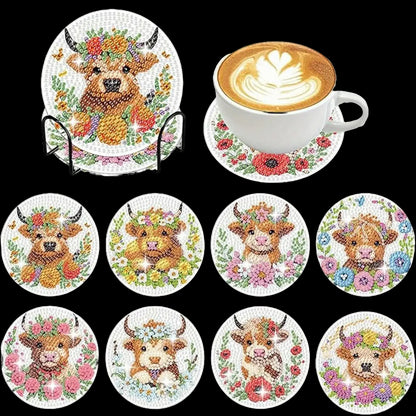 8pcs Cartoon DIY Diamond Painting Wooden Coasters Art Kits with Holder (Cow)