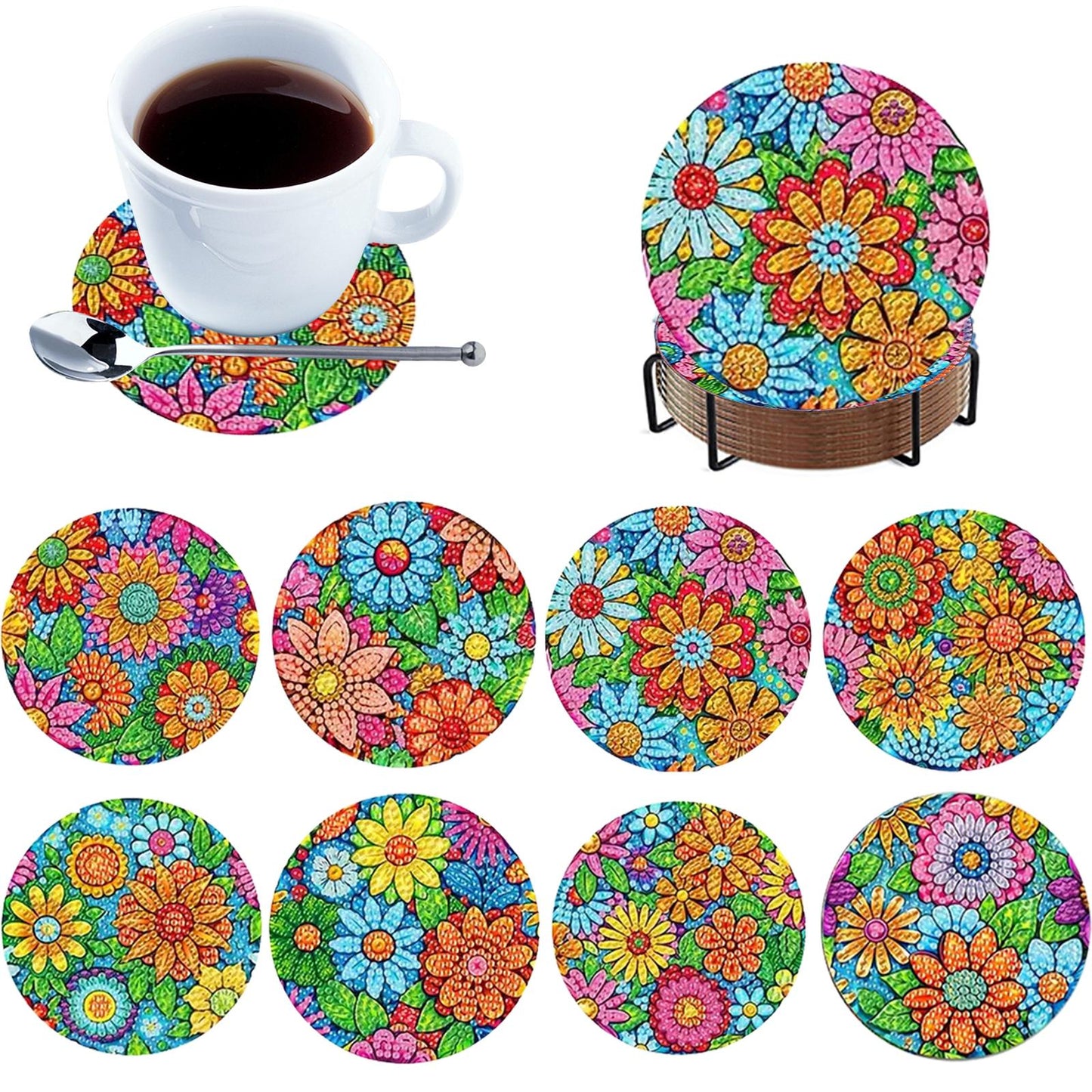 8pcs Cartoon DIY Diamond Painting Wooden Coasters Art Kits with Holder (Pattern)