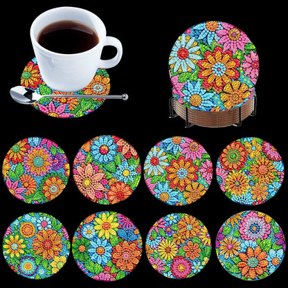 8pcs Cartoon DIY Diamond Painting Wooden Coasters Art Kits with Holder (Pattern)