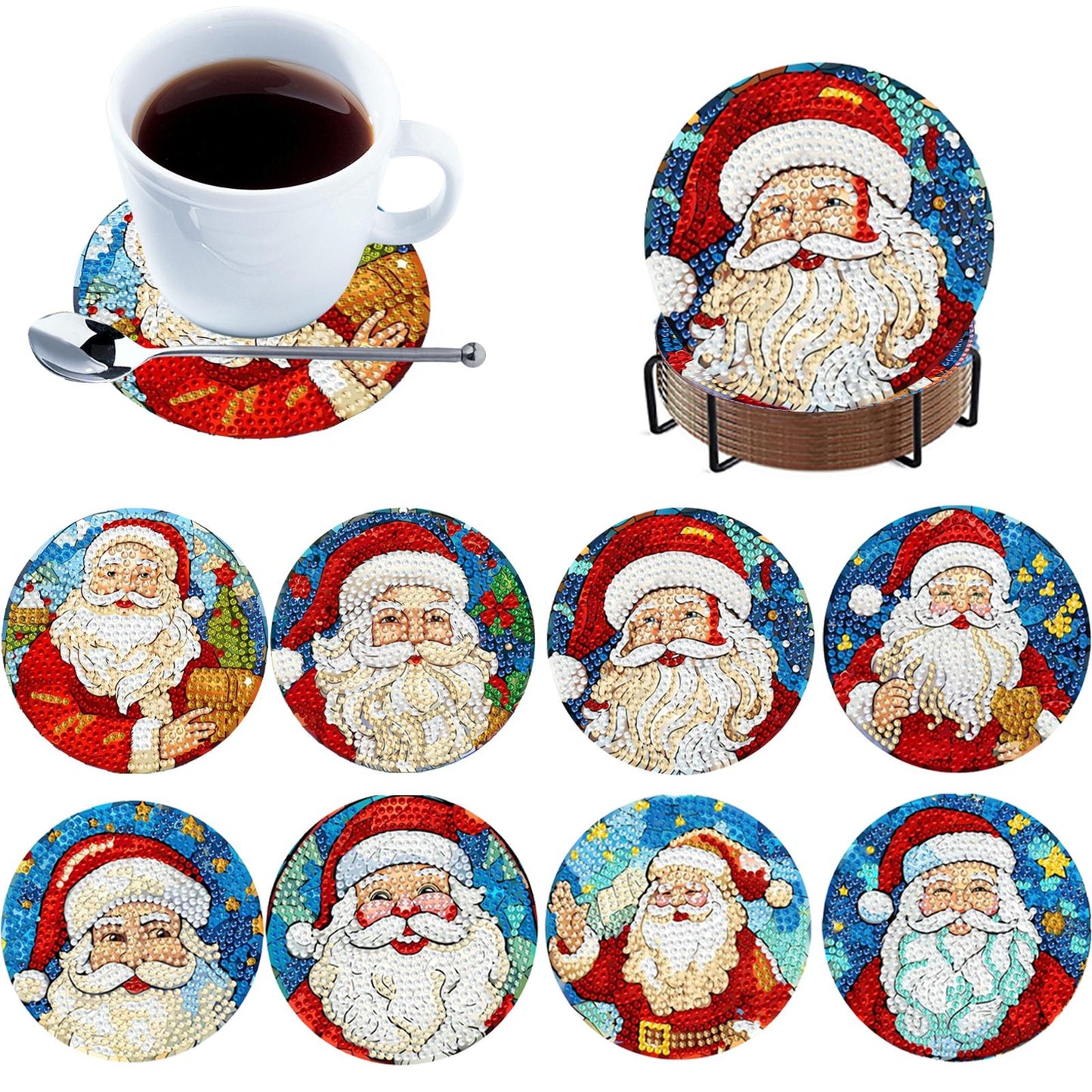 8pcs Cartoon DIY Diamond Painting Wooden Coasters Kits with Holder (Santa Claus)