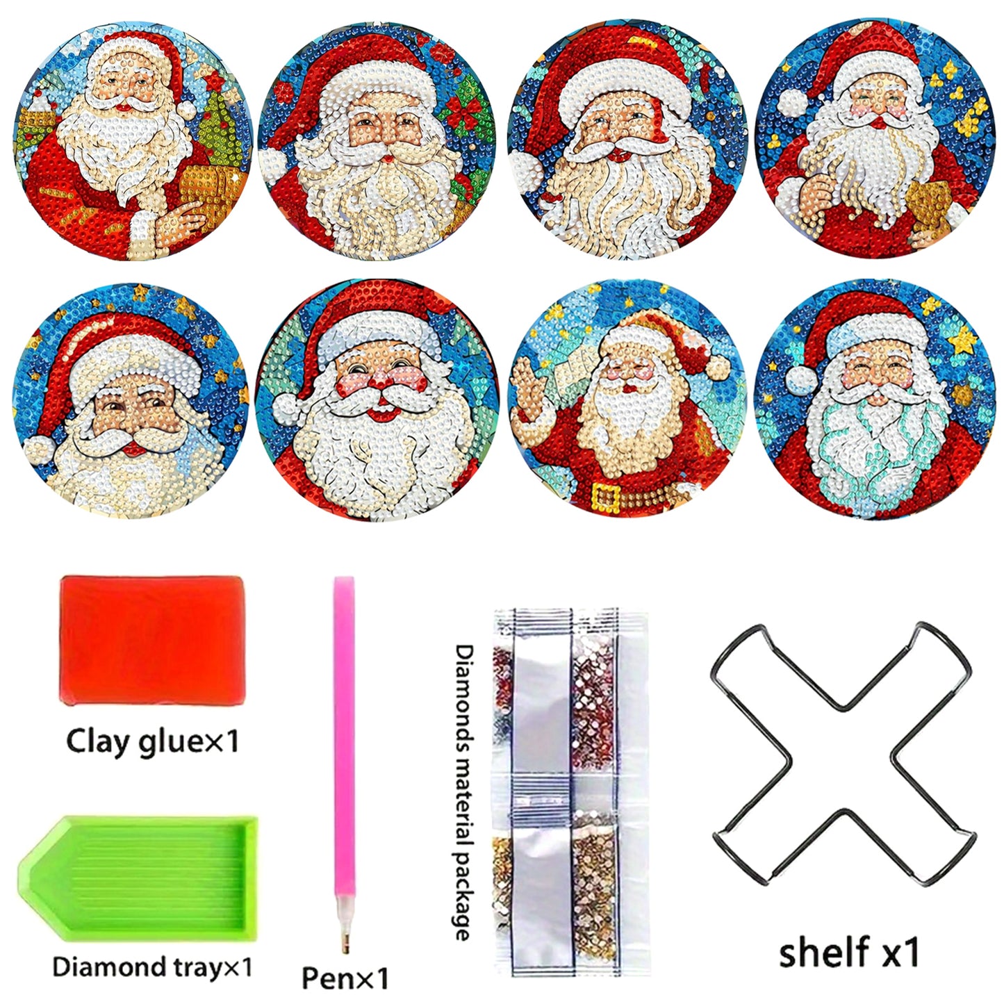 8pcs Cartoon DIY Diamond Painting Wooden Coasters Kits with Holder (Santa Claus)