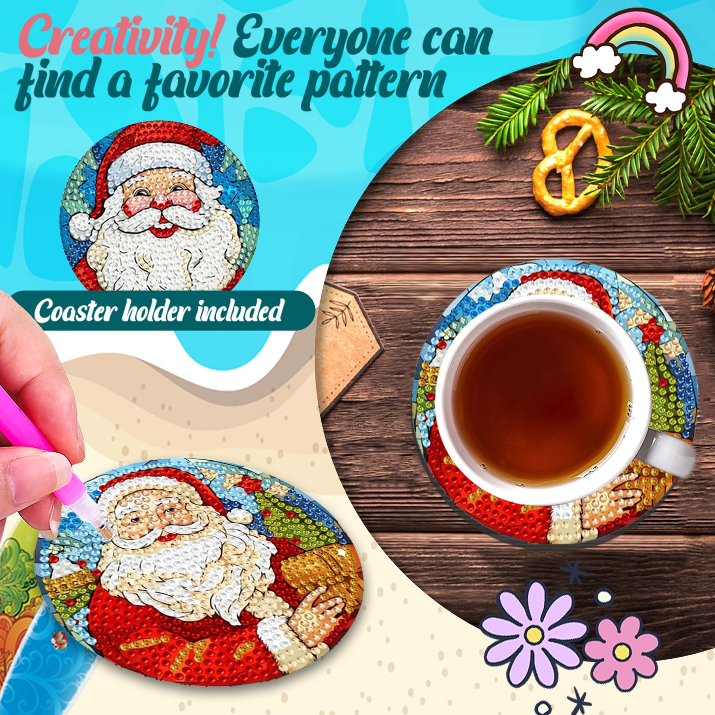 8pcs Cartoon DIY Diamond Painting Wooden Coasters Kits with Holder (Santa Claus)