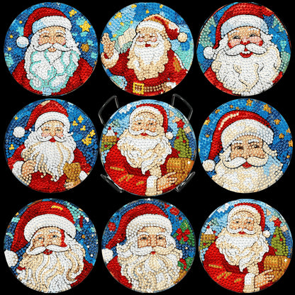 8pcs Cartoon DIY Diamond Painting Wooden Coasters Kits with Holder (Santa Claus)