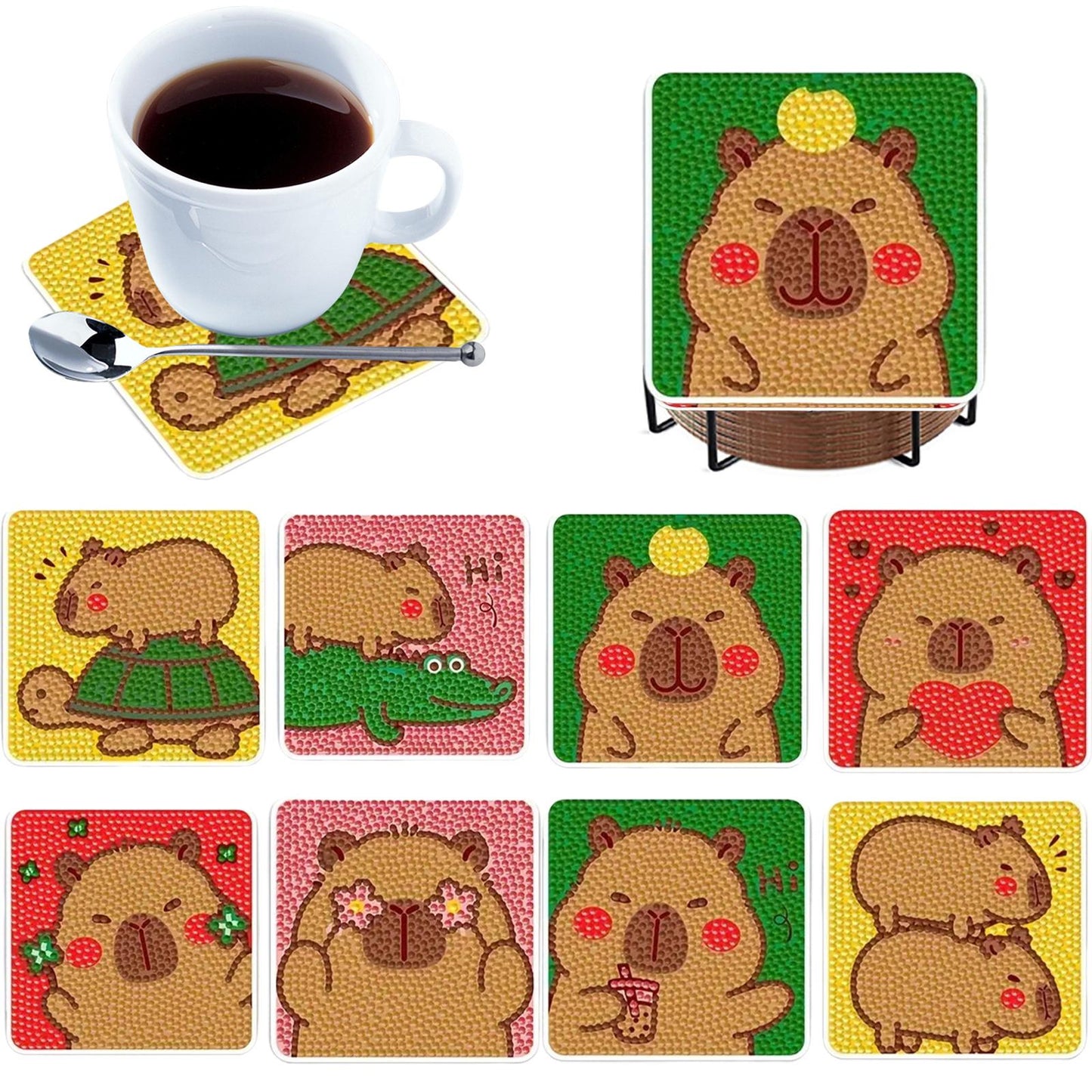 8pcs Cartoon DIY Diamond Painting Wooden Coasters Kits with Holder (Capybara)