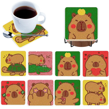 8pcs Cartoon DIY Diamond Painting Wooden Coasters Kits with Holder (Capybara)