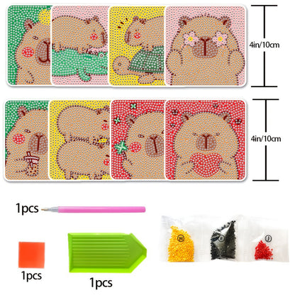 8pcs Cartoon DIY Diamond Painting Wooden Coasters Kits with Holder (Capybara)