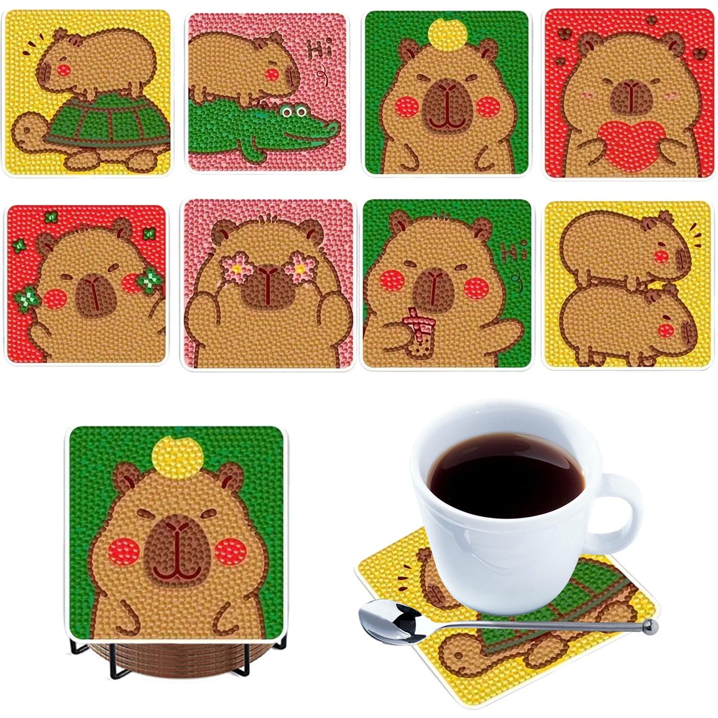 8pcs Cartoon DIY Diamond Painting Wooden Coasters Kits with Holder (Capybara)