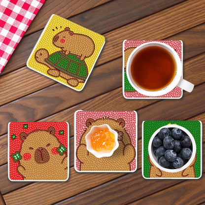 8pcs Cartoon DIY Diamond Painting Wooden Coasters Kits with Holder (Capybara)