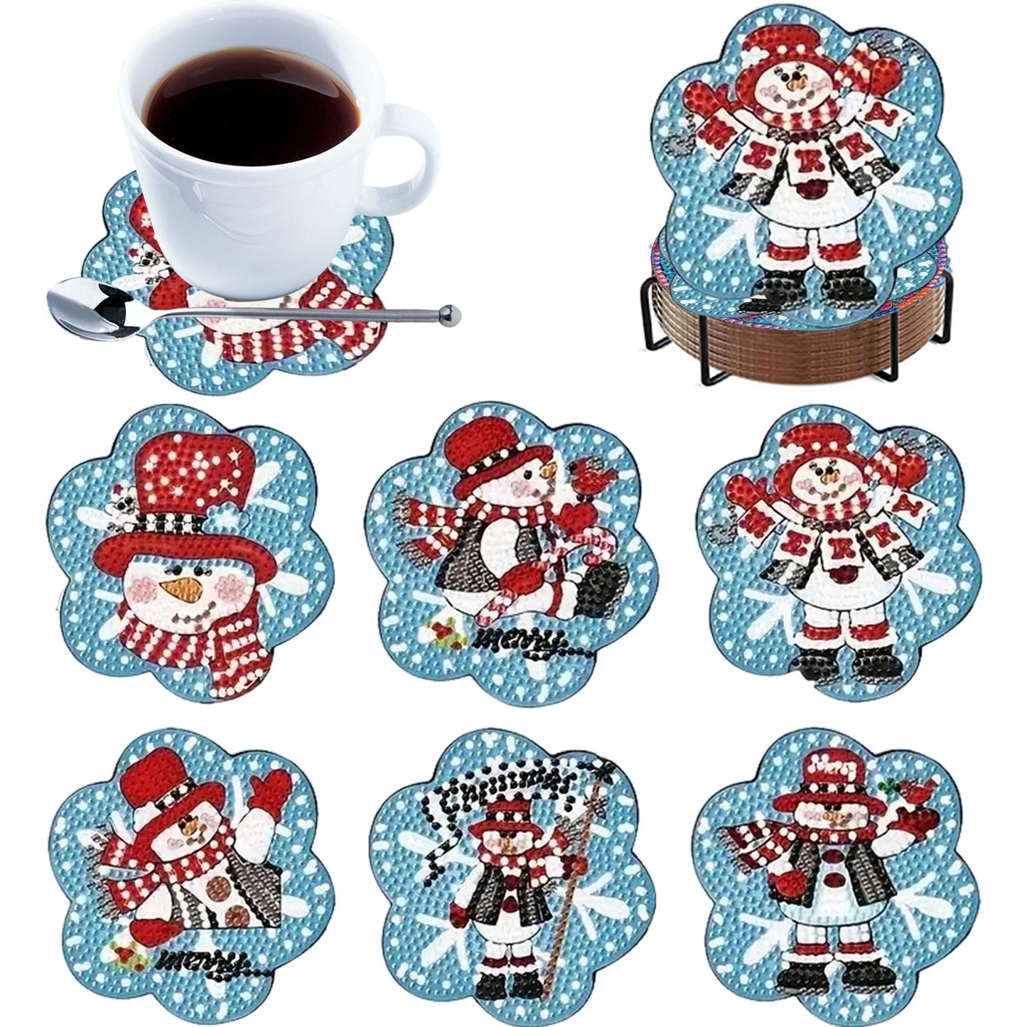 6pcs Cartoon DIY Diamond Painting Wooden Coasters Art Kits with Holder (Snowman)