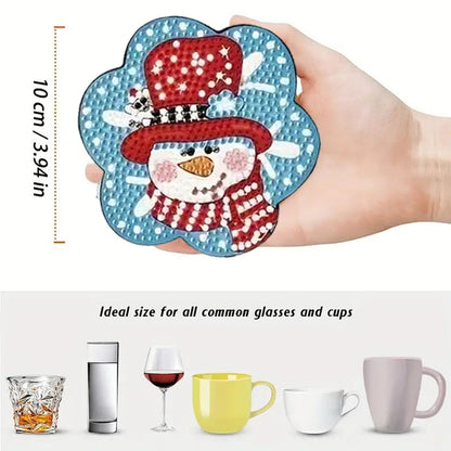 6pcs Cartoon DIY Diamond Painting Wooden Coasters Art Kits with Holder (Snowman)