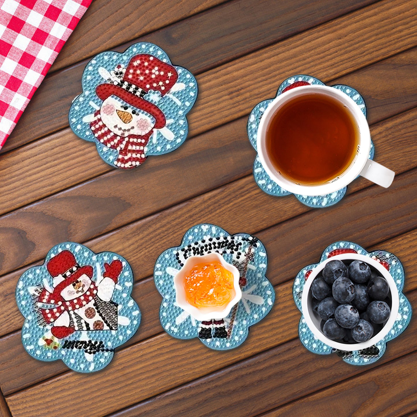6pcs Cartoon DIY Diamond Painting Wooden Coasters Art Kits with Holder (Snowman)