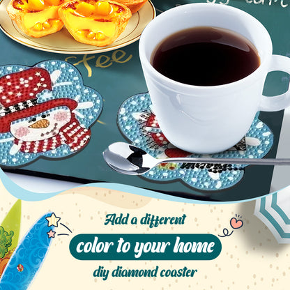 6pcs Cartoon DIY Diamond Painting Wooden Coasters Art Kits with Holder (Snowman)