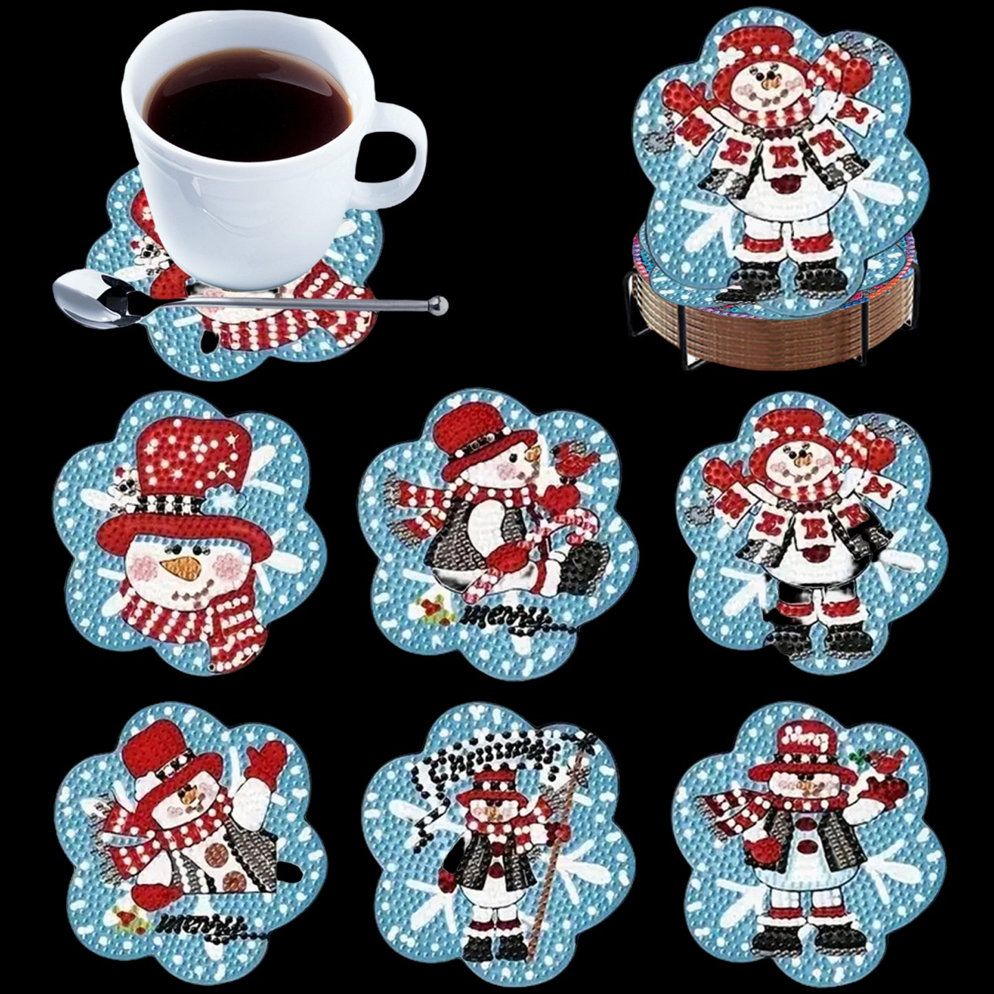 6pcs Cartoon DIY Diamond Painting Wooden Coasters Art Kits with Holder (Snowman)