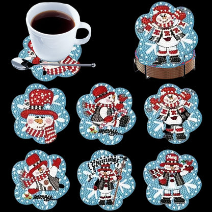 6pcs Cartoon DIY Diamond Painting Wooden Coasters Art Kits with Holder (Snowman)