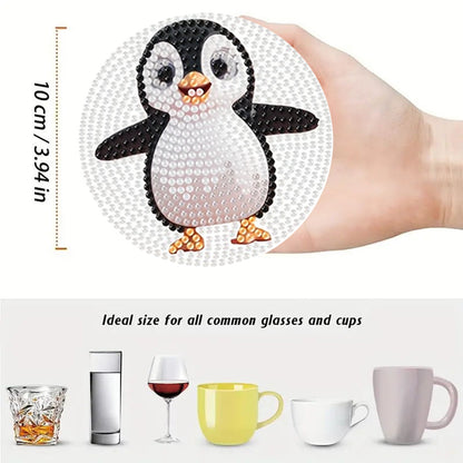 6pcs Cartoon DIY Diamond Painting Wooden Coasters Art Kits with Holder (Penguin)