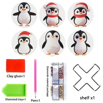 6pcs Cartoon DIY Diamond Painting Wooden Coasters Art Kits with Holder (Penguin)