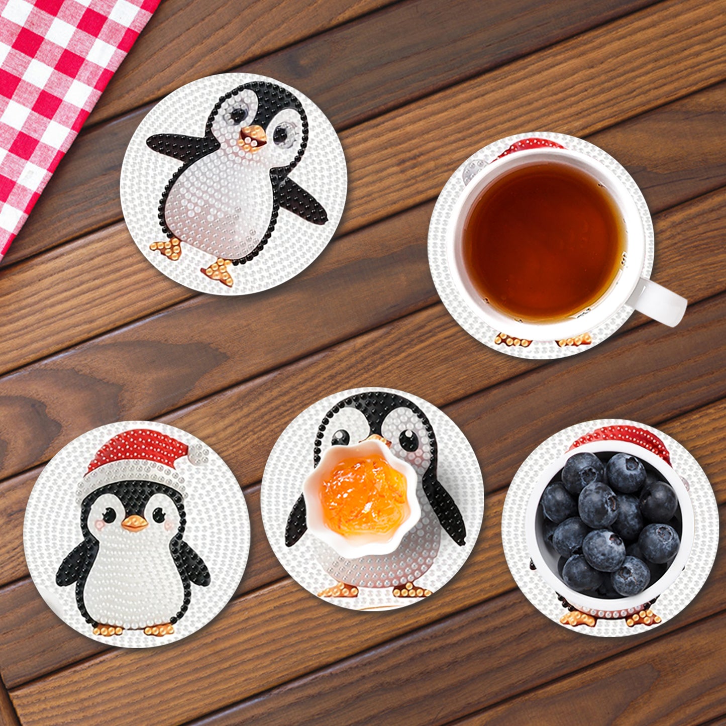 6pcs Cartoon DIY Diamond Painting Wooden Coasters Art Kits with Holder (Penguin)