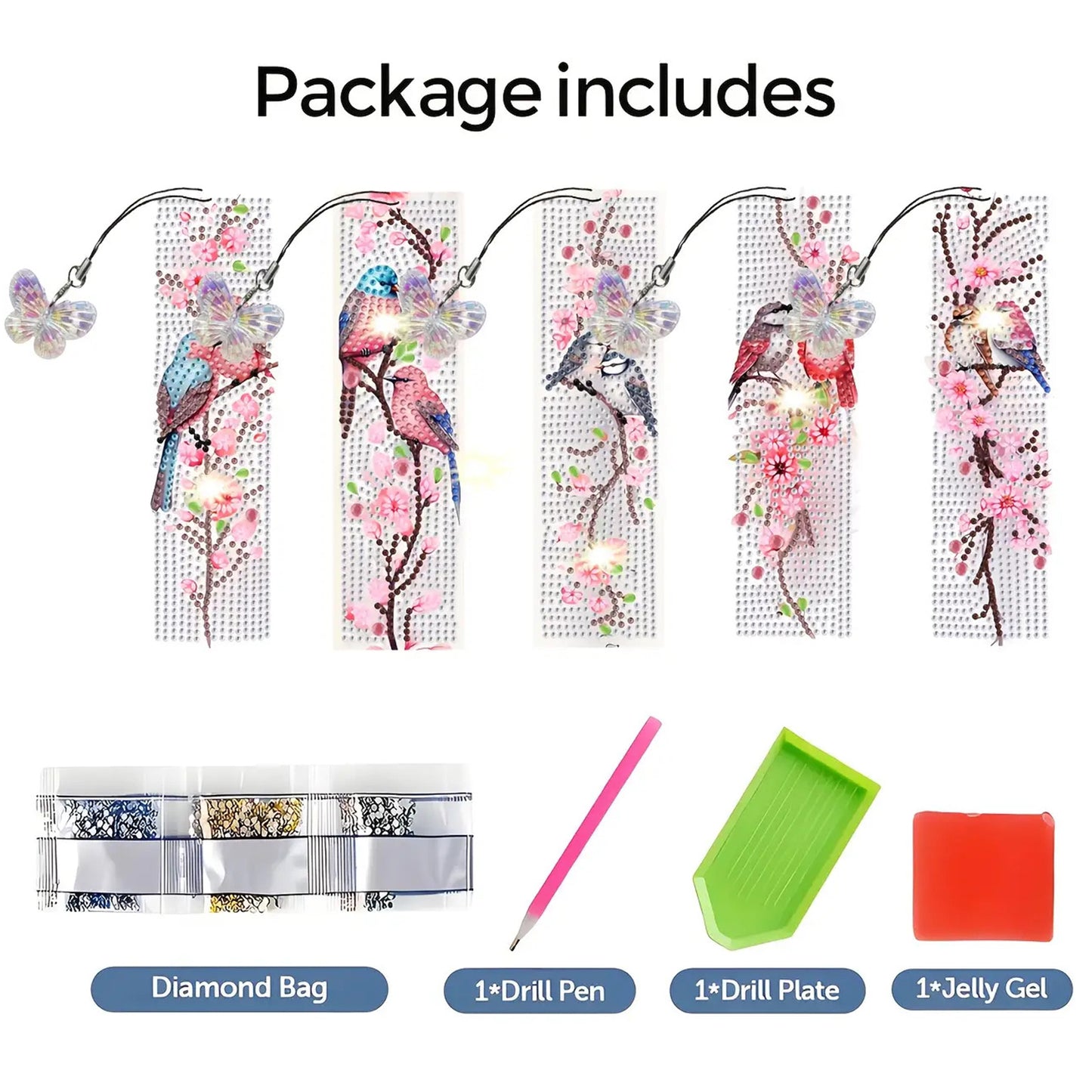 5Pcs Bird DIY Diamond Bookmark Art Projects with Crystal Pendant for Book Lovers