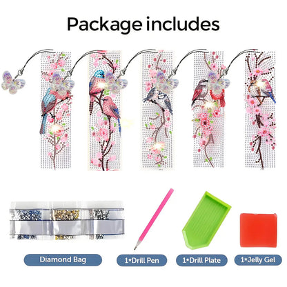 5Pcs Bird DIY Diamond Bookmark Art Projects with Crystal Pendant for Book Lovers