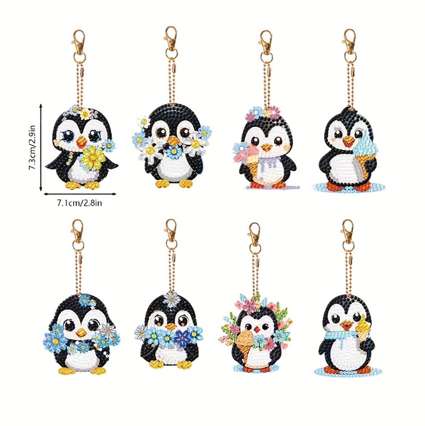 8pcs 2D DIY Double Side Diamond Painting Keychains for Decor Crafts (Penguin)