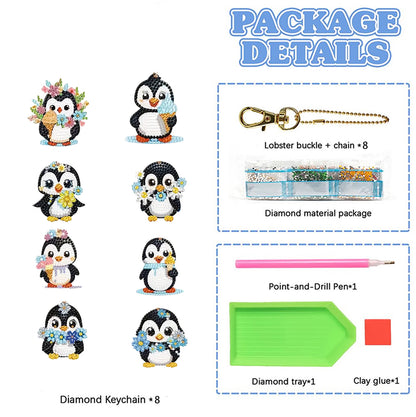 8pcs 2D DIY Double Side Diamond Painting Keychains for Decor Crafts (Penguin)