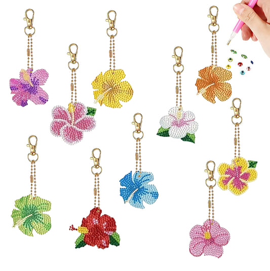 10pcs 2D DIY Double Side Diamond Painting Keychains for Decor Crafts (Flower)