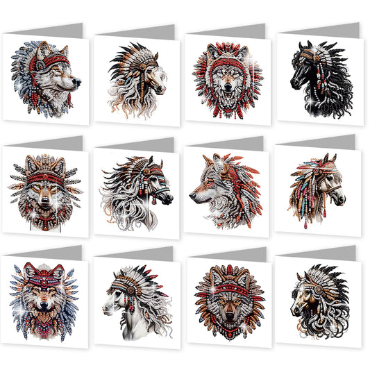 12Pcs Indian Wolf Horse DIY Diamond Painting Greeting Cards for Adults Gifts