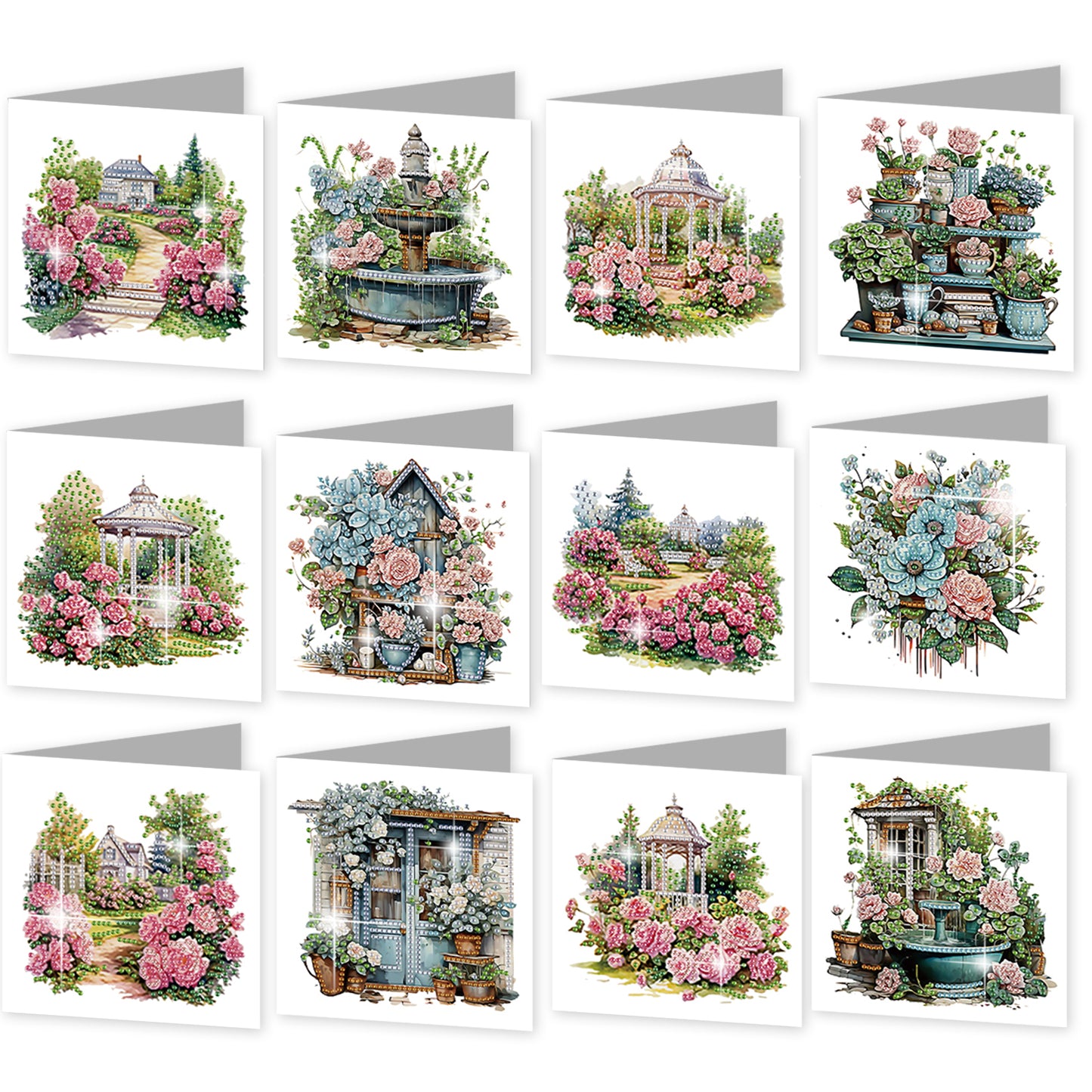 12Pcs Garden Flowers DIY Diamond Painting Greeting Cards for Adult Holiday Gifts