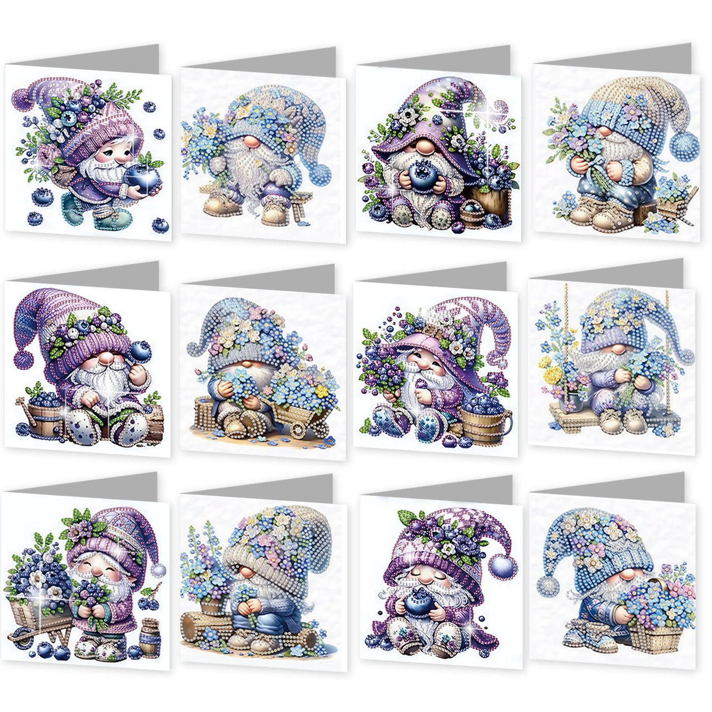 12Pcs Lavender Gnome DIY Diamond Painting Greeting Cards for Adult Holiday Gifts