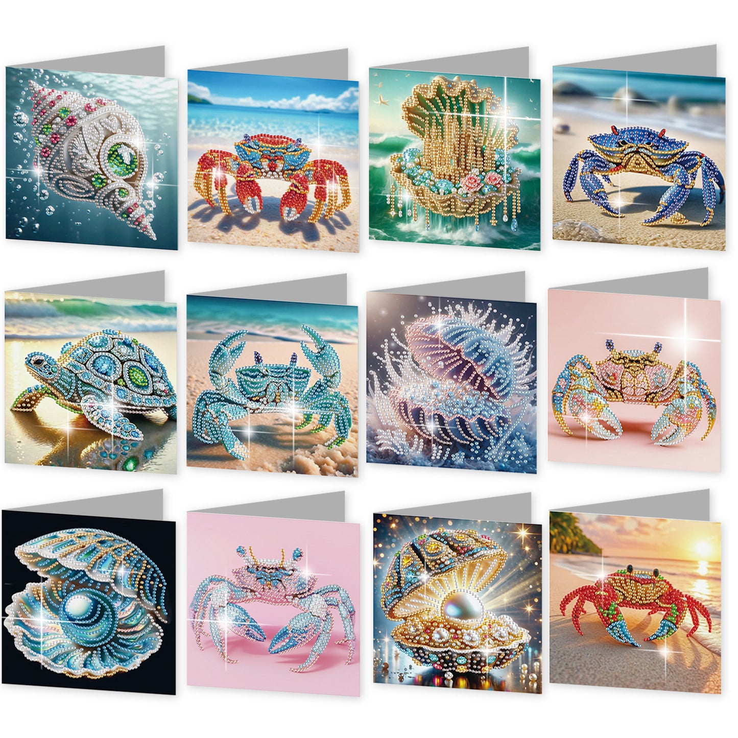 12Pcs Beach Crab Seashell DIY Diamond Painting Greeting Cards for Adults Gifts